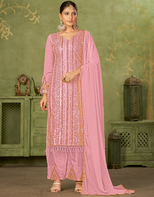 classy pink georgette trendy fashioner pakistani trouser salwar suit collection with pink santoon rt9034-185372 Front View