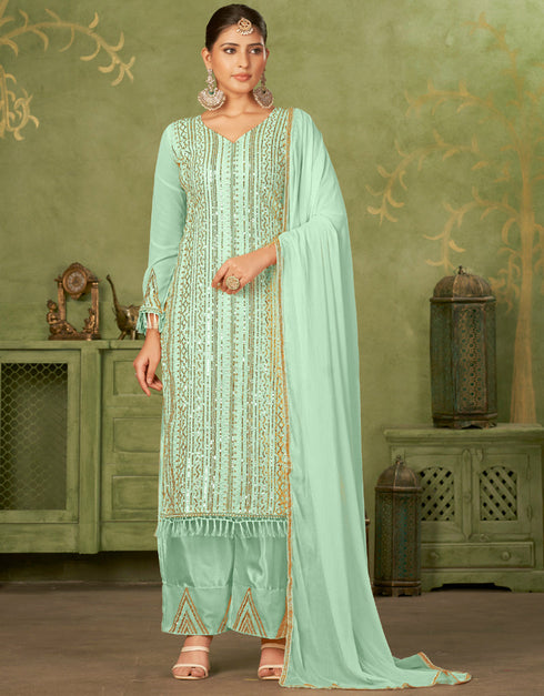 chic green georgette trendy fashioner pakistani trouser salwar suit collection with green santoon rt9034-185374 Front View