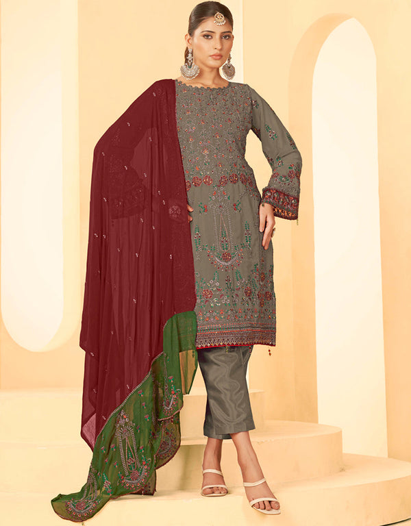 stylish mouse grey georgette trendy fashioner pakistani salwar suit collection with mouse grey santoon rt9035-185384 Front View