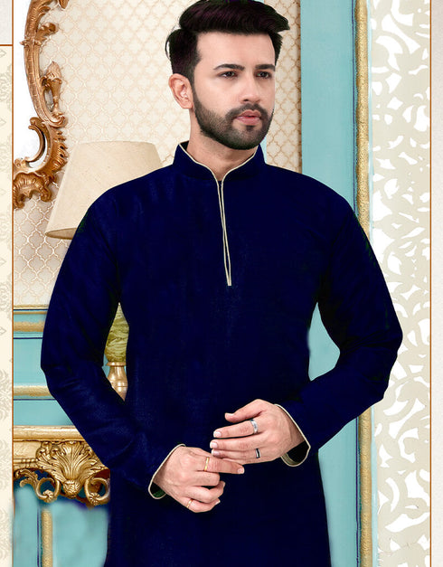 Navy Blue Kurta Dhupion Silk Dhoti Closure View
