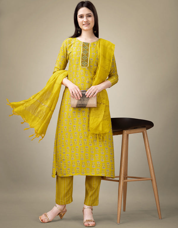 modern yellow rayon trendy fashioner readymade suit collection with yellow rayon rt9040-185403 Front View