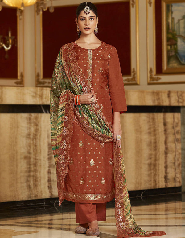 chic brown pure viscose dola jacquard dyed designer party wear heavy salwar suit collection with brown pure dull santoon rt9049-185460 Front View