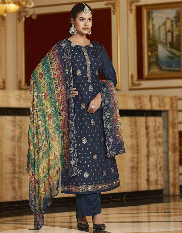 trendy navy blue pure viscose dola jacquard dyed designer party wear heavy salwar suit collection with navy blue pure dull santoon rt9049-185461 Front View