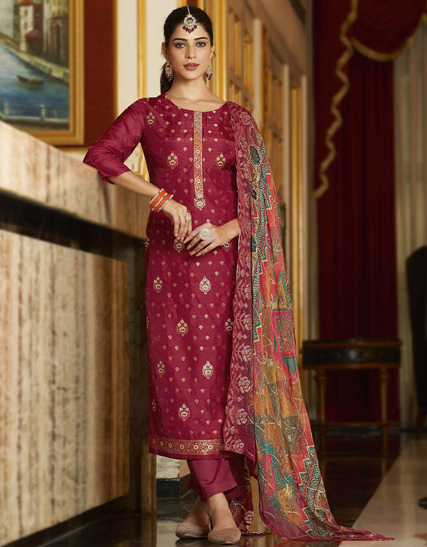 elegant wine pure viscose dola jacquard dyed designer party wear heavy salwar suit collection with wine pure dull santoon rt9049-185462 Front View