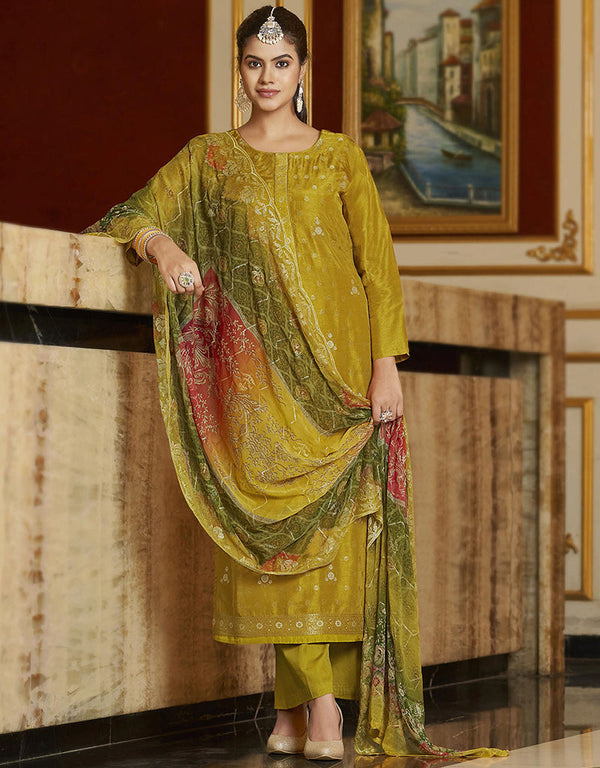fashionable green pure viscose dola jacquard dyed designer party wear heavy salwar suit collection with green pure dull santoon rt9049-185463 Front View