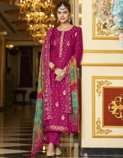 sleek rani pink pure viscose dola jacquard dyed designer party wear heavy salwar suit collection with rani pink pure dull santoon rt9049-185464 Front View