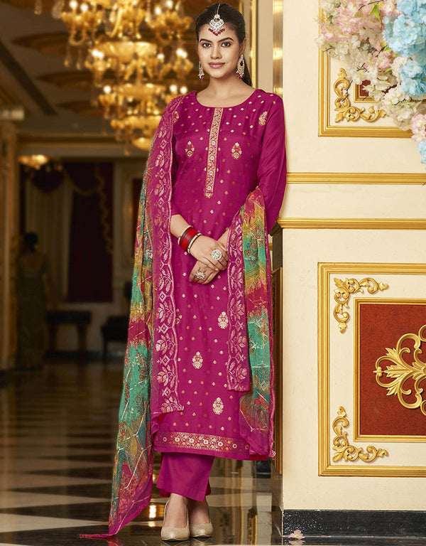 sleek rani pink pure viscose dola jacquard dyed designer party wear heavy salwar suit collection with rani pink pure dull santoon rt9049-185464 Front View