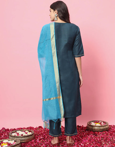 modern teal cotton blend trendy fashioner readymade suit collection with teal silk blend rt9054-185474 Back View