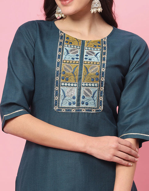 modern teal cotton blend trendy fashioner readymade suit collection with teal silk blend rt9054-185474 Side View