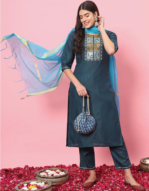 modern teal cotton blend trendy fashioner readymade suit collection with teal silk blend rt9054-185474 Front View