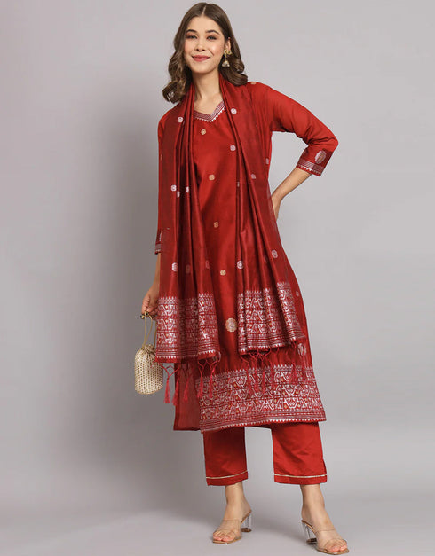 glamorous maroon cotton silk trendy fashioner readymade suit collection with maroon cotton silk rt9055-185476 Front View