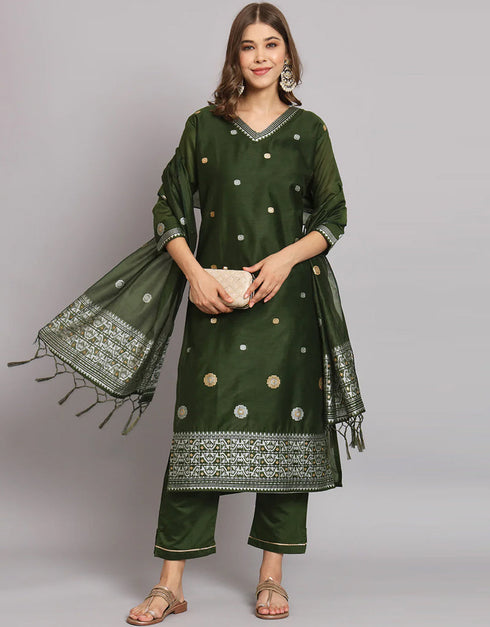 contemporary mehandi cotton silk trendy fashioner readymade suit collection with mehandi cotton silk rt9055-185477 Front View