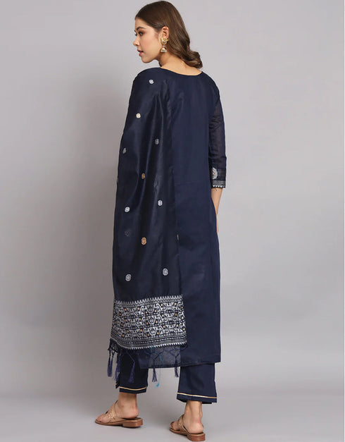 classy navy blue cotton silk trendy fashioner readymade suit collection with navy blue cotton silk rt9055-185478 Back View
