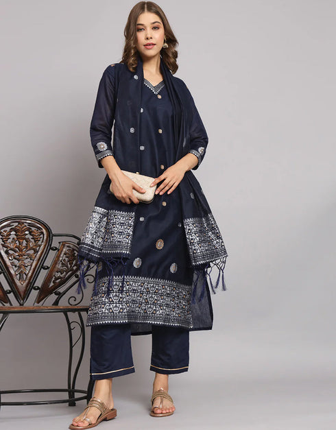 classy navy blue cotton silk trendy fashioner readymade suit collection with navy blue cotton silk rt9055-185478 Front View