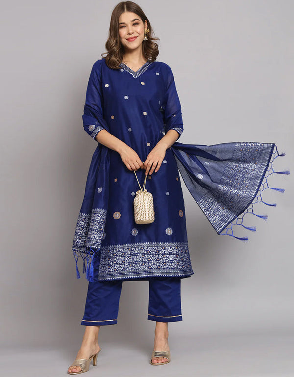 chic royal blue cotton silk trendy fashioner readymade suit collection with royal blue cotton silk rt9055-185480 Front View