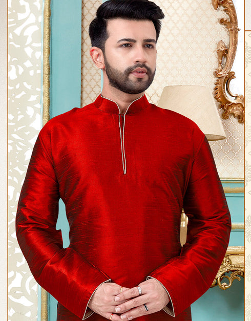 Red Kurta Dhupion Silk Dhoti Closure View