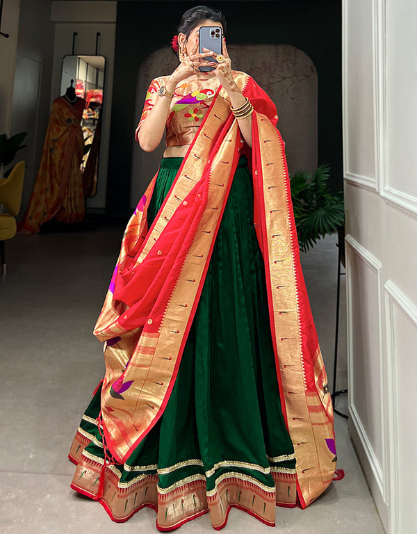 classy dark green silk traditional wear women's heavy lehenga choli collection with multi silk rt9066-185525 Front View