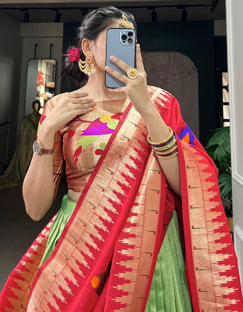 stylish perot green silk traditional wear women's heavy lehenga choli collection with multi silk rt9066-185526 Front View