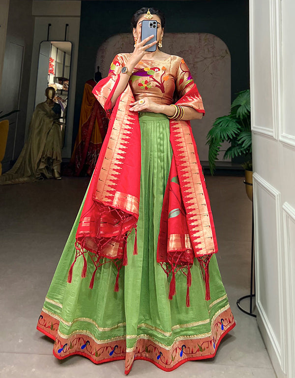 stylish perot green silk traditional wear women's heavy lehenga choli collection with multi silk rt9066-185526 Front View