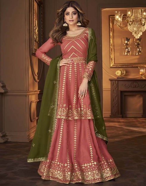Baby Pink Blooming Georgette Suit Lehenga Closure View