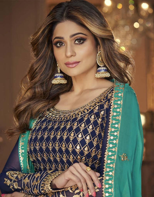 Navy Blue Blooming Georgette Suit Lehenga Closure View