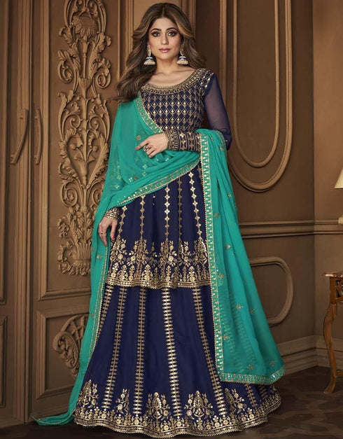 Navy Blue Blooming Georgette Suit Lehenga