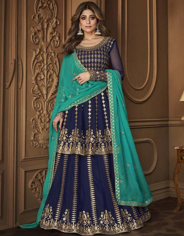 Navy Blue Blooming Georgette Suit Lehenga