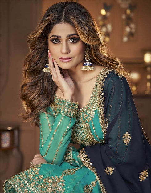 Sky Green Blooming Georgette Suit Lehenga Closure View