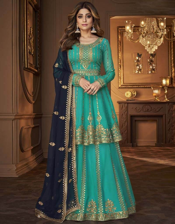 Sky Green Blooming Georgette Suit Lehenga