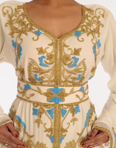 Muslim Off White Georgette Hand Embroidery Party Wear Kaftan