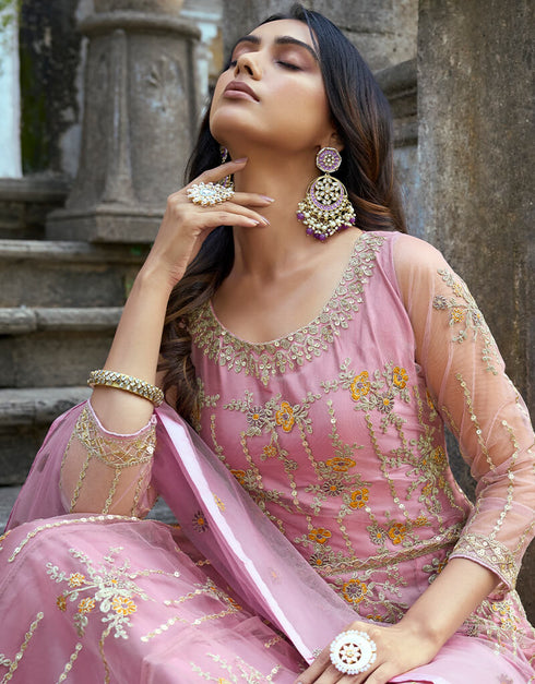 Heavy Butterfly Net Pink Salwar Kameez Suit Anarkali Bottom Closure View