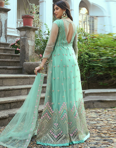 Heavy Butterfly Net Sea Green Salwar Kameez Suit Anarkali Bottom Salwar Kameez