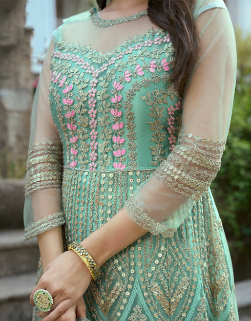 Heavy Butterfly Net Sea Green Salwar Kameez Suit Anarkali Bottom Back View
