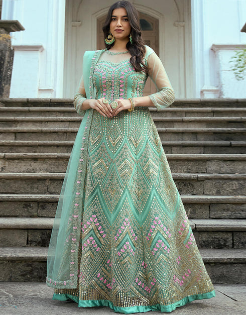 Heavy Butterfly Net Sea Green Salwar Kameez Suit Anarkali Bottom