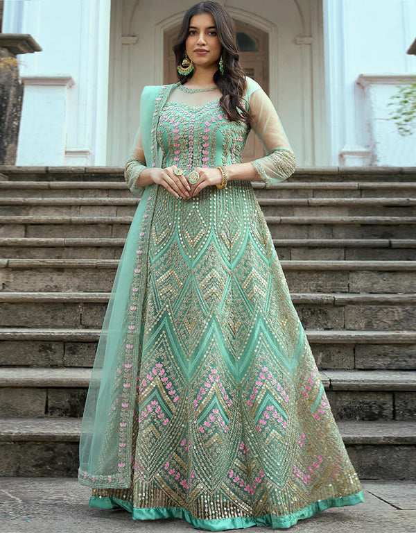 Heavy Butterfly Net Sea Green Salwar Kameez Suit Anarkali Bottom