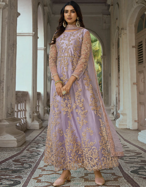 Heavy Butterfly Net Lavender Salwar Kameez Suit Anarkali Bottom