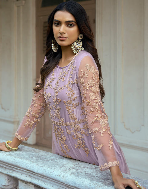 Heavy Butterfly Net Lavender Salwar Kameez Suit Anarkali Bottom Back View
