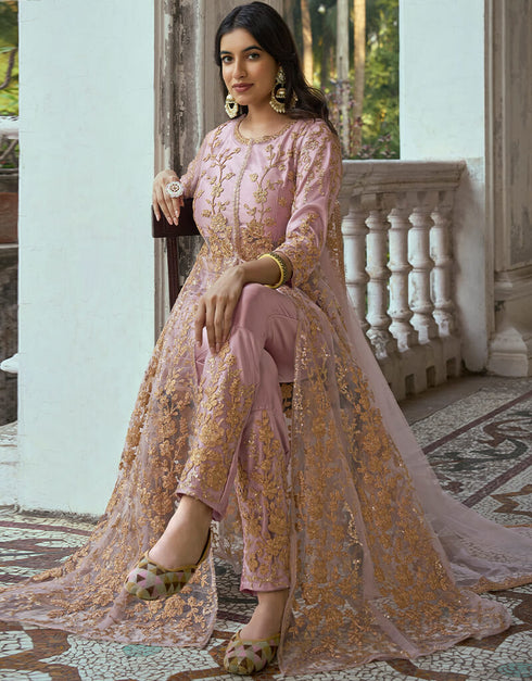 Heavy Butterfly Net Dusty Pink Salwar Kameez Suit Anarkali Bottom Closure View