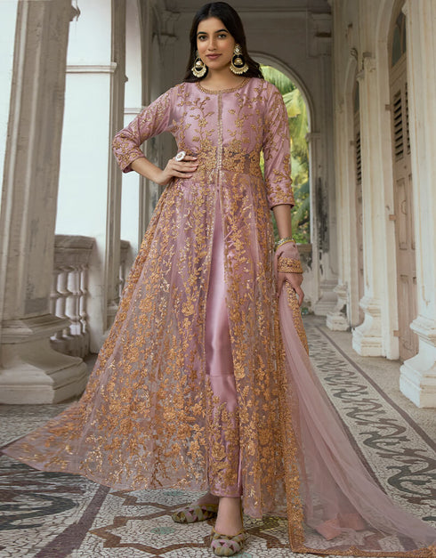 Heavy Butterfly Net Dusty Pink Salwar Kameez Suit Anarkali Bottom