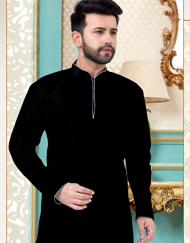 Black Kurta Pajama Printed Dhupion Silk
