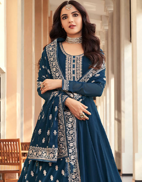 Ocean Blue Georgette Anarkali Salwar Suit Salwar Kameez