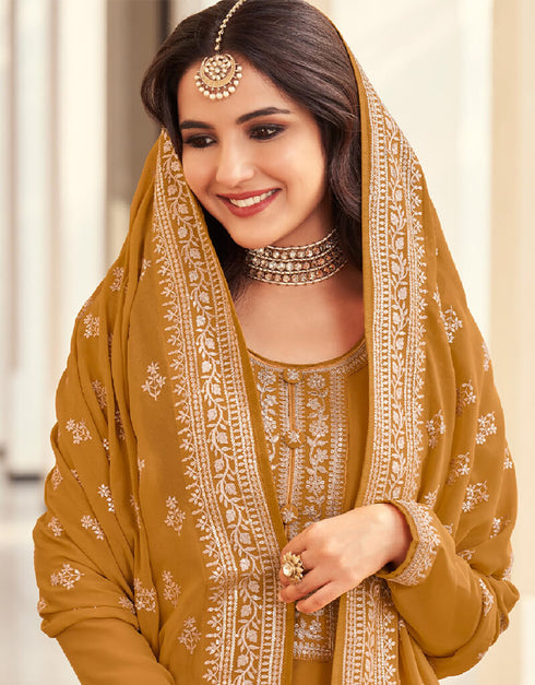 Mustard Georgette Anarkali Salwar Suit Closure View