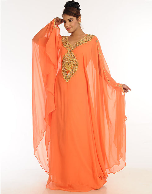 Modest Peach Georgette Hand Embroidery Party Wear Kaftan