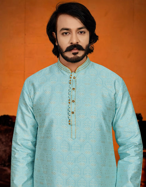 Sky Kurta Pure Jecquared Print Payjama Closure View