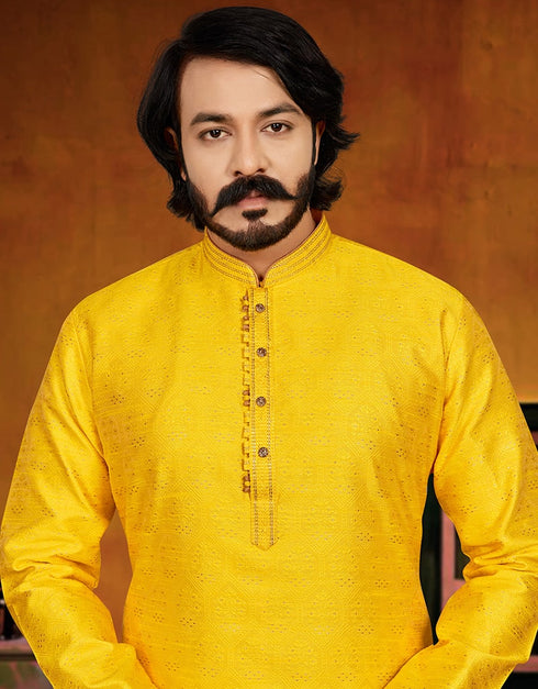 Yellow Kurta Pure Jecquared Print Payjama Closure View