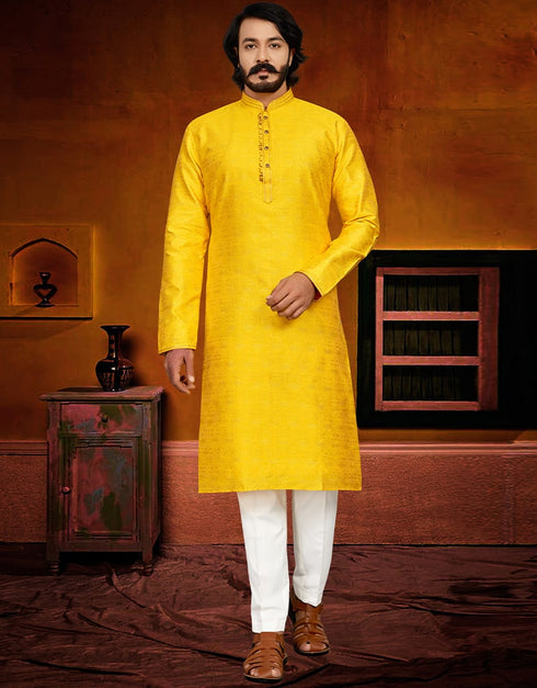 Yellow Kurta Pure Jecquared Print Payjama