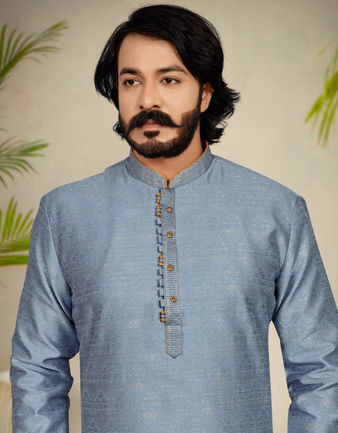 Grey Kurta Pure Jecquared Print Payjama Closure View