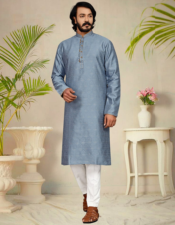 Grey Kurta Pure Jecquared Print Payjama