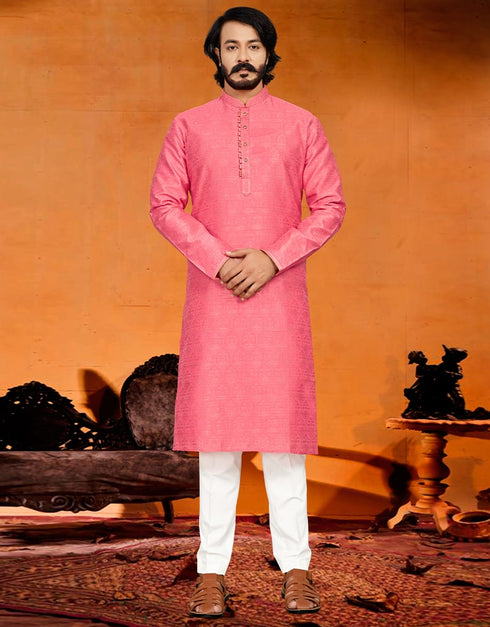 Pink Kurta Pure Jecquared Print Payjama