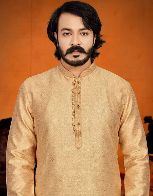 Cream Kurta Pure Jecquared Print Payjama Closure View